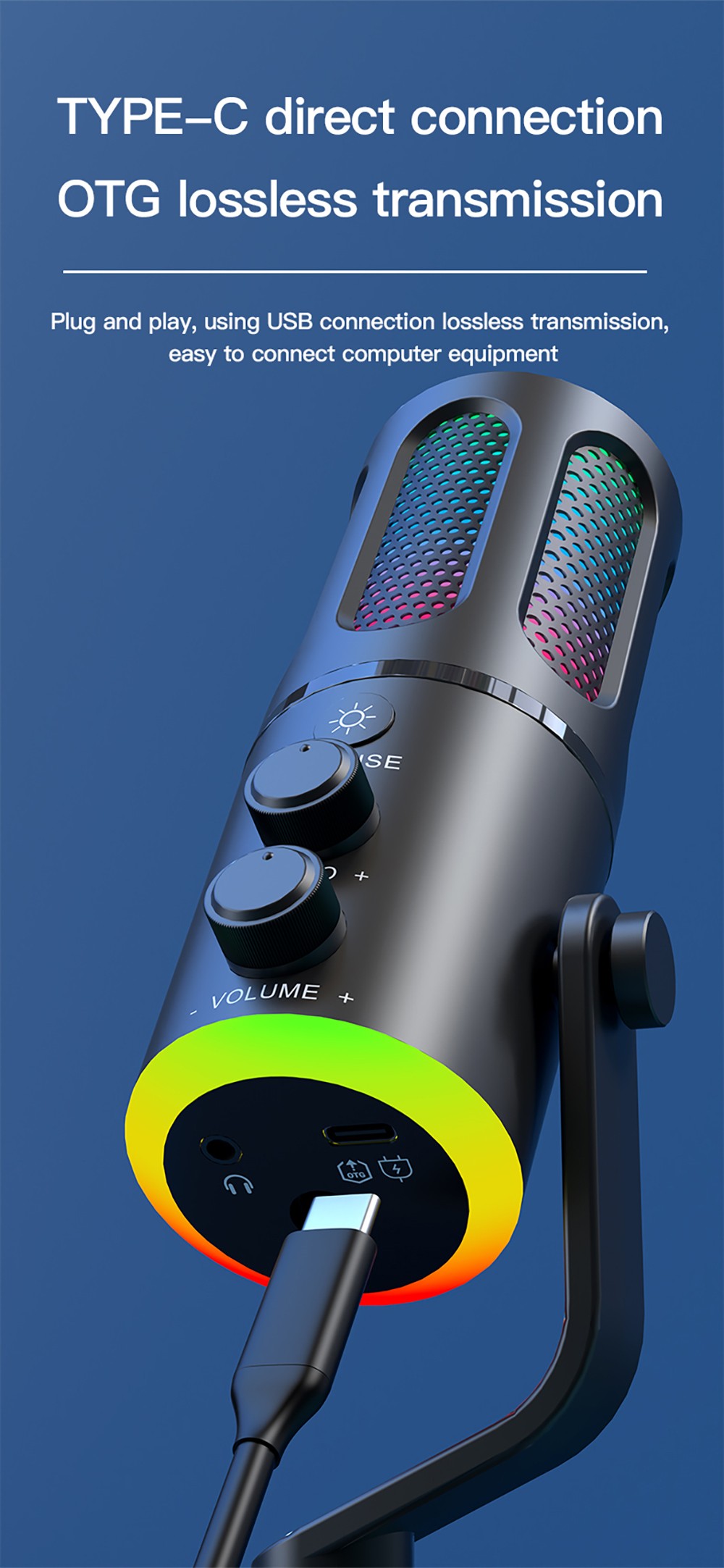 USB Plug and Play Desktop Microphone, RGB Lighting, Active Noise Reduction