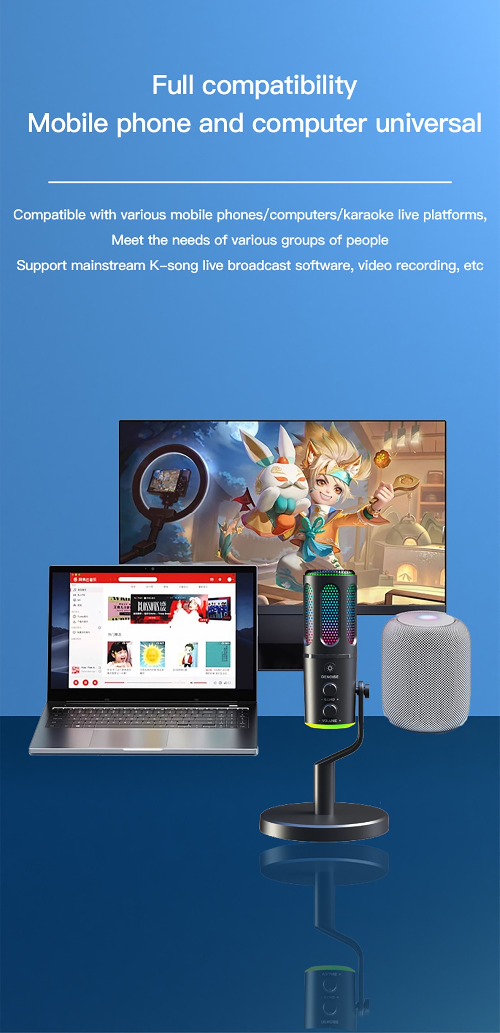 USB Plug and Play Desktop Microphone, RGB Lighting, Active Noise Reduction