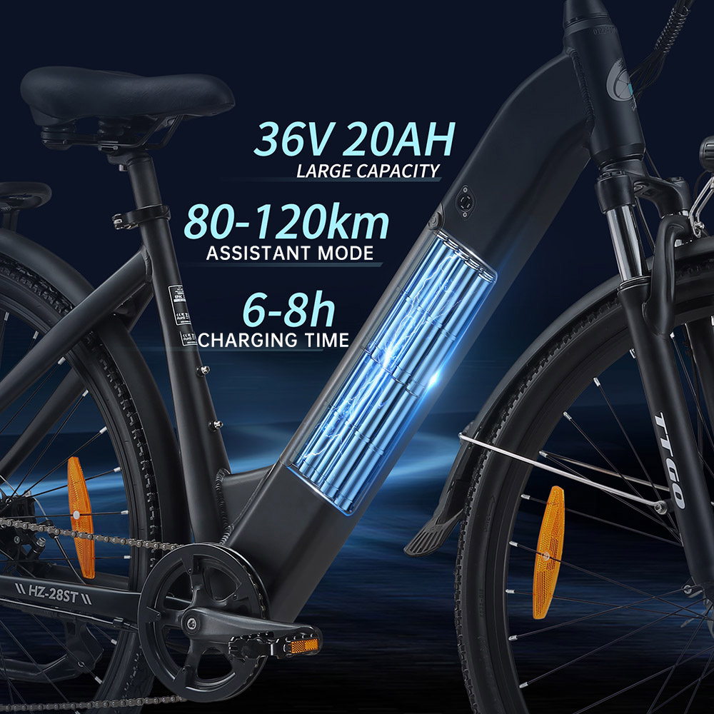 TTGO HZ-28ST Electric Bike, 250W Motor, 36V 20Ah Battery, 700C*45C Tire, 25km/h Max Speed, 120km Max Range, Disc Brake, Shimano 7 Speed, LCD Display - Black