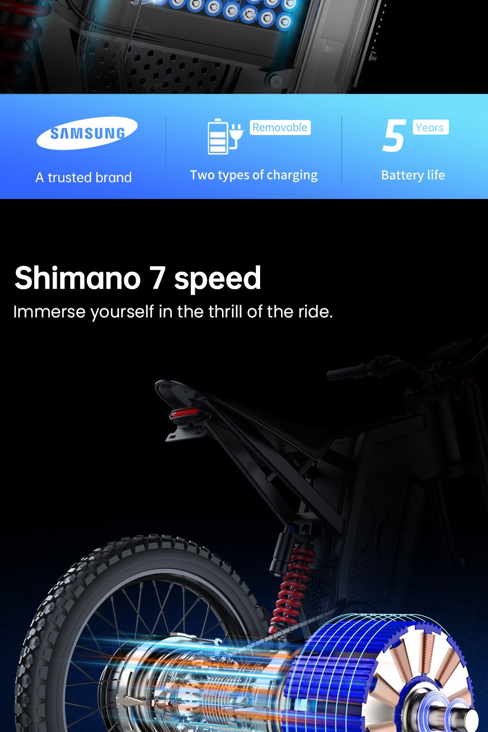 EKXBIKE X21 Max Electric Bike, 3000W Motor, 60V 30AH Battery, 19*2 inch MTB Tire, 85km/h Max Speed, 90km Range, Hydraulic Brakes, Hydraulic Shock Absorber, Shimano 7-speed, LCD Display