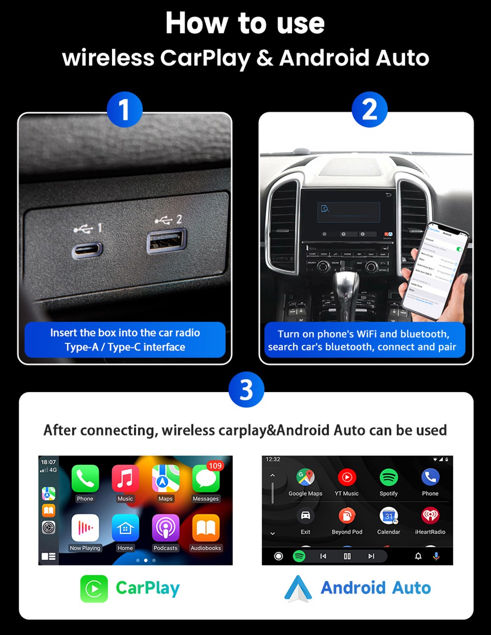 AB052E Wireless Carplay Adapter, Plug & Play Android Auto Box, Supports Split Screen/Voice Control/Navigation, Bluetooth 5.2 & WiFi 4
