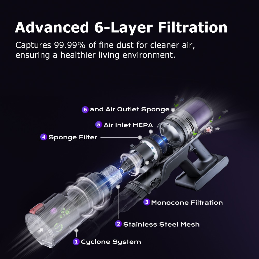 Proscenic P16 Flexible Battery Vacuum Cleaner, 550 W/45 Kpa, 55 Mins Vacuum Cleaner, Wireless with Touchscreen Folding Tube, Green Light, Wall-Mounted Charging Station, Anti-Tangle for Carpet, Hard