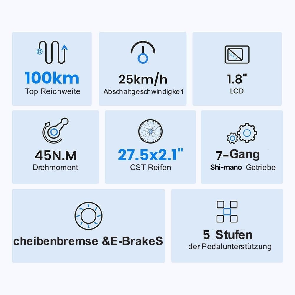Touroll J1 ST Trekkingrad mit 250-W-Motor, 27,5-Zoll-Rädern, 561,6-Wh-Akku, 100 km Reichweite, mechanischer Scheibenbremse und E-Bremse (schwarz)
