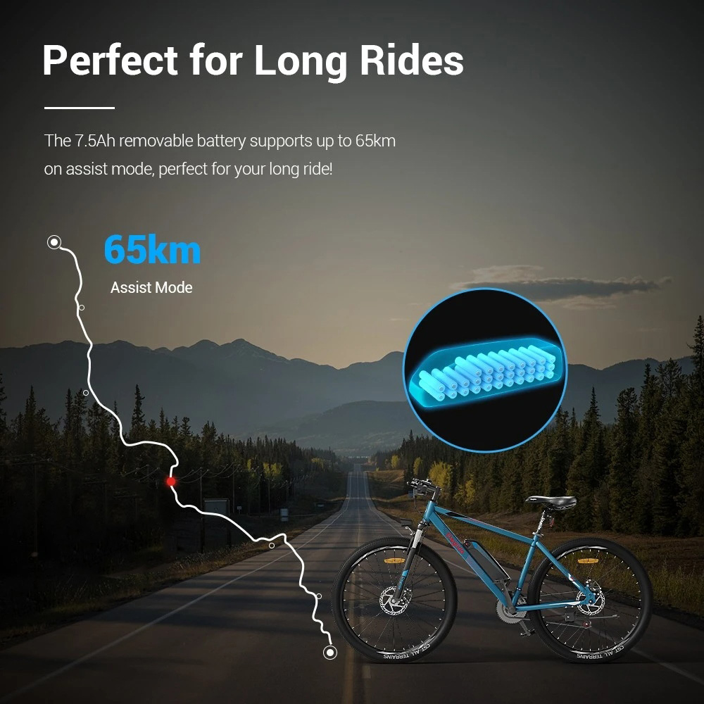 Eleglide M1 Electric Bike Upgrade Version 27.5 Inch 250W Hall Brushless Motor 36V 7.5Ah Removable Battery 25km/h Max Speed SHIMANO Shifter 21 Speeds up to 65km Max Range IPX4 Aluminum Alloy Frame Dual Disk Brake Mountain Urban Bicycle - Dark Blue