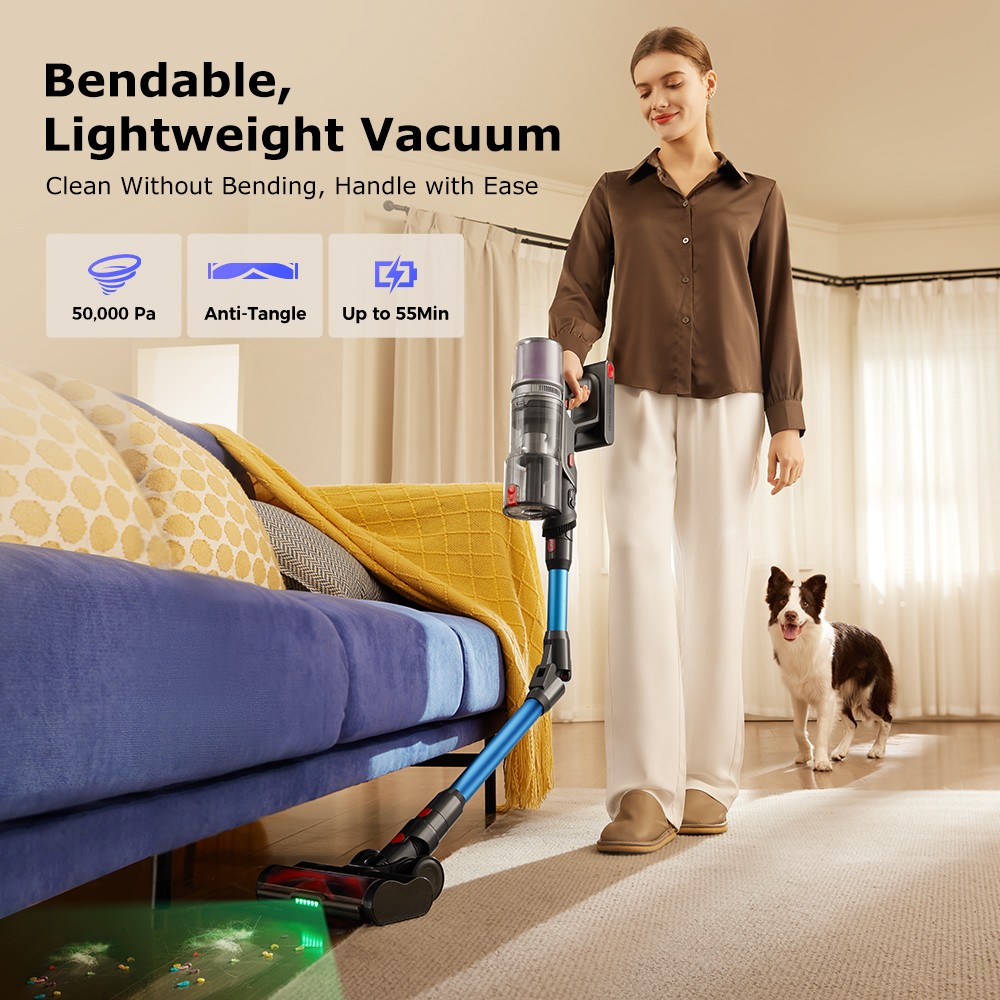 Proscenic P16 Cordless Stick Vacuum Cleaner, 45kPa Suction, 55mins Runtime, 180° Bendable Wand, Anti-Tangle Floor Brush, 62dB Low Noise, for Home Use & Pet Hair, Blue