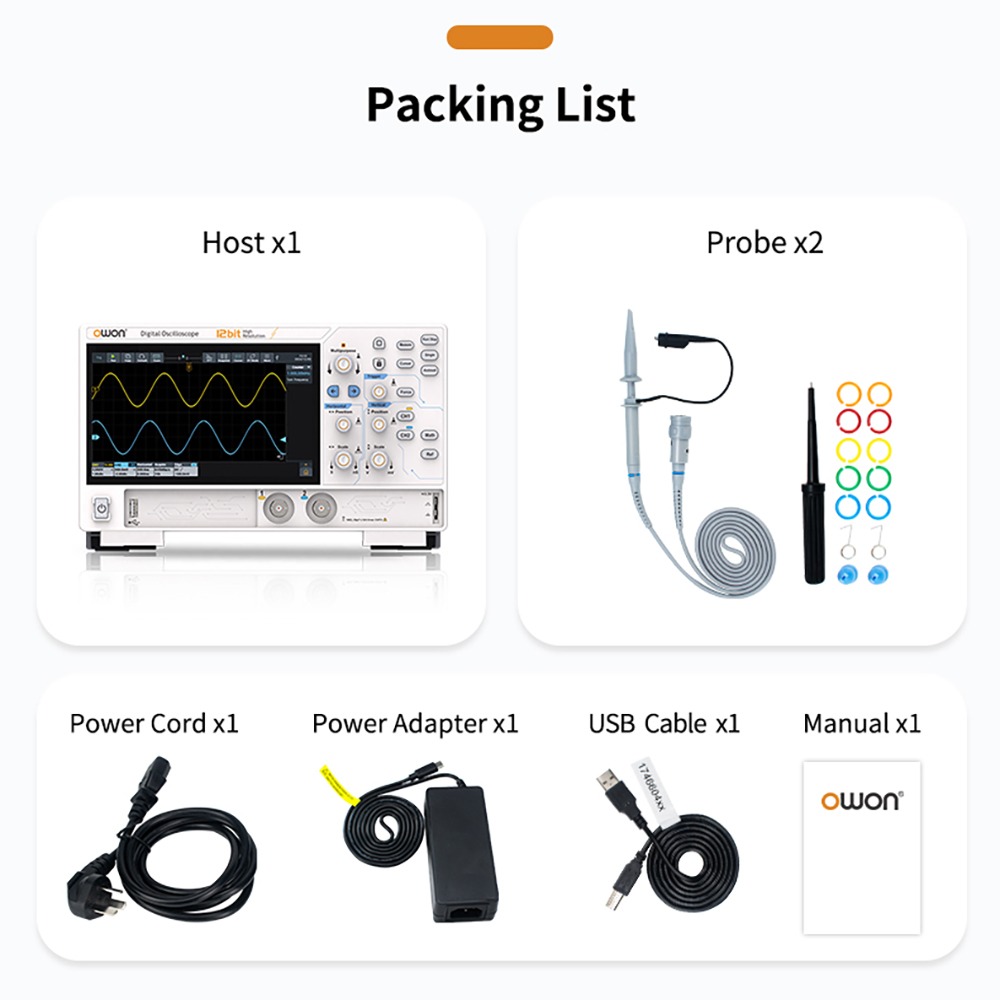 OWON ADS812A Digital Oscilloscope, 7-inch Touch Screen, 12Bit High Precision, Dual Channel, 100MHz Bandwidth, 1.25 GSa/s Sample Rate, 700,000 wfms/s Waveform, 50M Record, 500µV Resolution - EU Plug