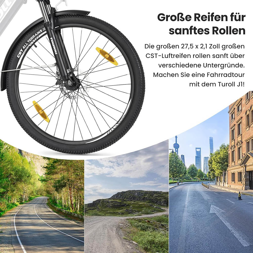 Touroll J1 ST Trekkingrad mit 250-W-Motor, 27,5-Zoll-Rädern, 561,6-Wh-Akku, 100 km Reichweite, mechanischer Scheibenbremse und E-Bremse (schwarz)