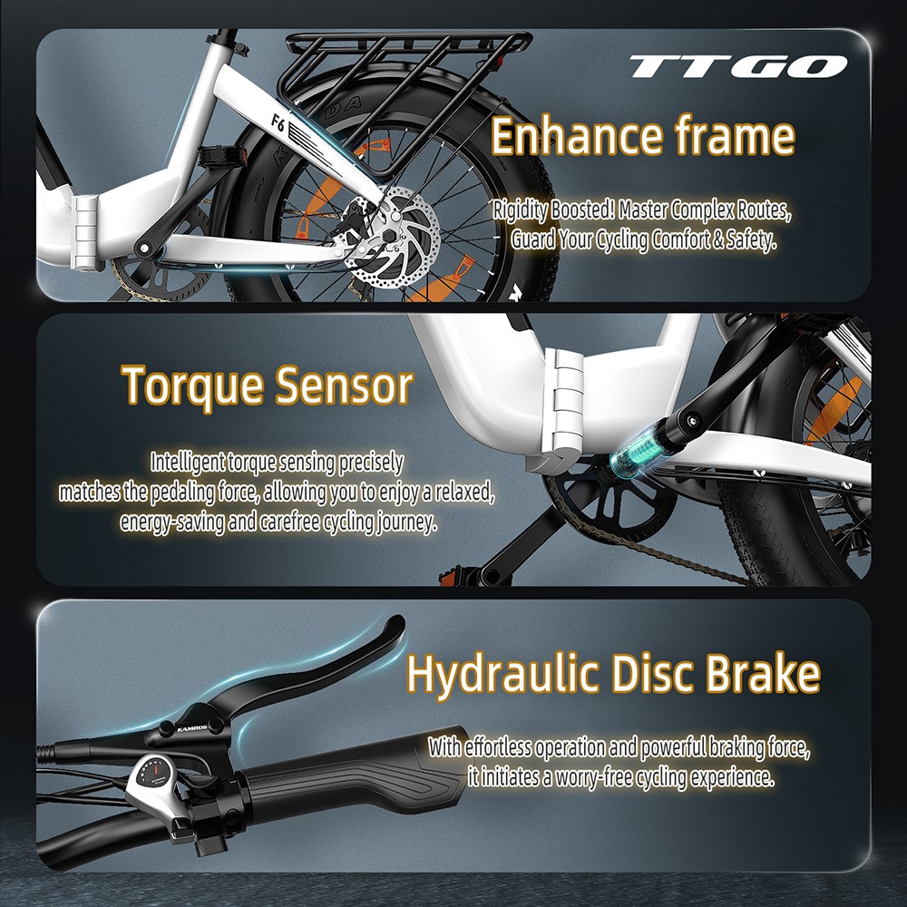 TTGO F6 Electric Bike, 250W Motor, 36V 25Ah Battery, 20*4 inch Tires, 25km/h Max Speed, 130km Max Range, Hydraulic Disc Brake, Front Shock Absorber, Torque Sensor, Shimano 7-speed, LCD Display - Grey