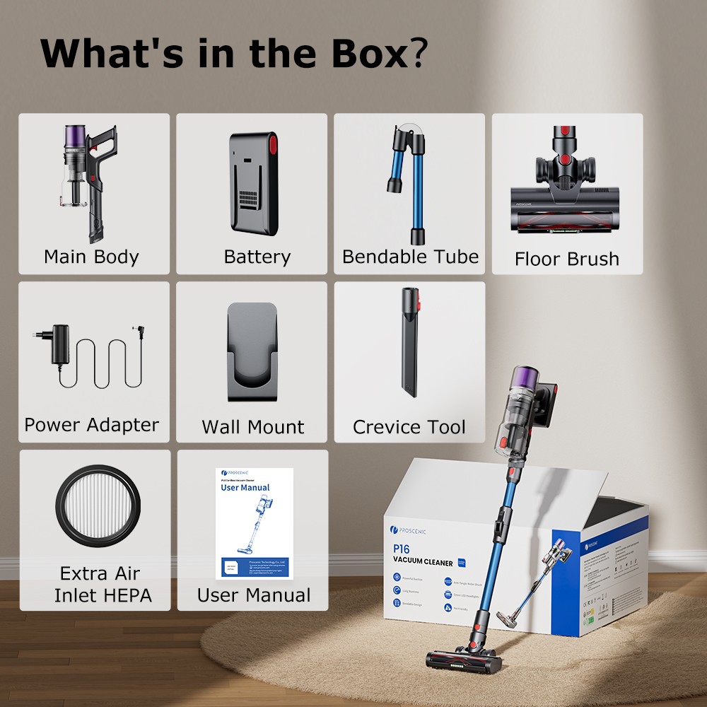 Proscenic P16 Flexible Battery Vacuum Cleaner, 550 W/45 Kpa, 55 Mins Vacuum Cleaner, Wireless with Touchscreen Folding Tube, Green Light, Wall-Mounted Charging Station, Anti-Tangle for Carpet, Hard