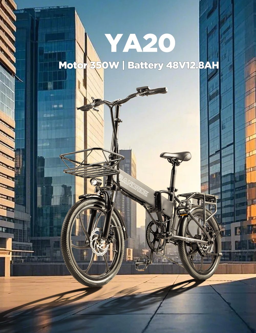 RANDRIDE YA20 Electric Bike 350W Motor 40km/h Max Speed 48V 12.8Ah Battery 80-90 Max Range 20*1.95'' CST Tires 120kg Load Shimano 7 Speed
