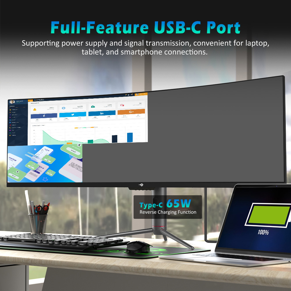 TITAN ARMY C49SHC 49-inch Gaming Monitor, 3840*1080 CSOT HVA Panel, 32:9 Oversized Curved Screen, 144Hz High Refresh Rate, Smart PIP/PBP Split Screen, Adaptive-Sync, 1*HDMI 2.0 1*DP 1.4 1*Full-Feature USB-C 1*USB-B 2*USB-A, 65W Reverse Charging