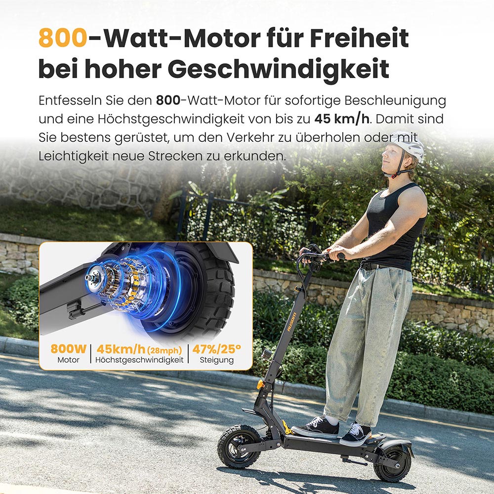 Ausom L1 Elektroroller, 800-W-Motor, 48-V-15,6-Ah-Akku, 10-Zoll-Reifen, 45 km/h Höchstgeschwindigkeit, 70 km Reichweite, Scheibenbremsen vorne und hinten, Doppelschwingenaufhängung, NFC- und Passcode-Sperre