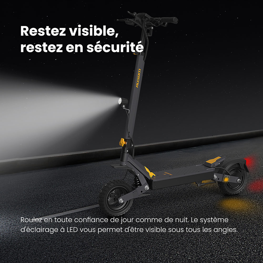 Ausom L1 Trottinette électrique, moteur 800 W, batterie 48 V 15,6 Ah, pneus 10 pouces, vitesse maximale 45 km/h, autonomie 70 km, freins à disque avant et arrière, suspension à double bras oscillant, verrouillage NFC et code d'accès