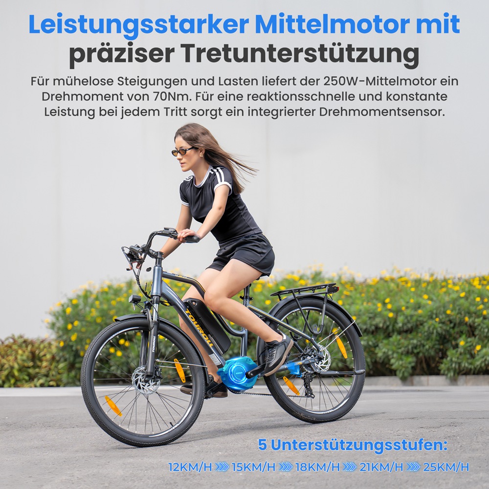 Touroll MA2 Elektrofahrrad, 250-W-Mittelmotor, 36-V-13-Ah-Akku, 27,5-Zoll-Reifen, 25 km/h Höchstgeschwindigkeit, 100 km maximale Reichweite, hydraulische Scheibenbremse, Federgabel mit Verriegelung, Shimano 7-Gang-Schaltung – Braun