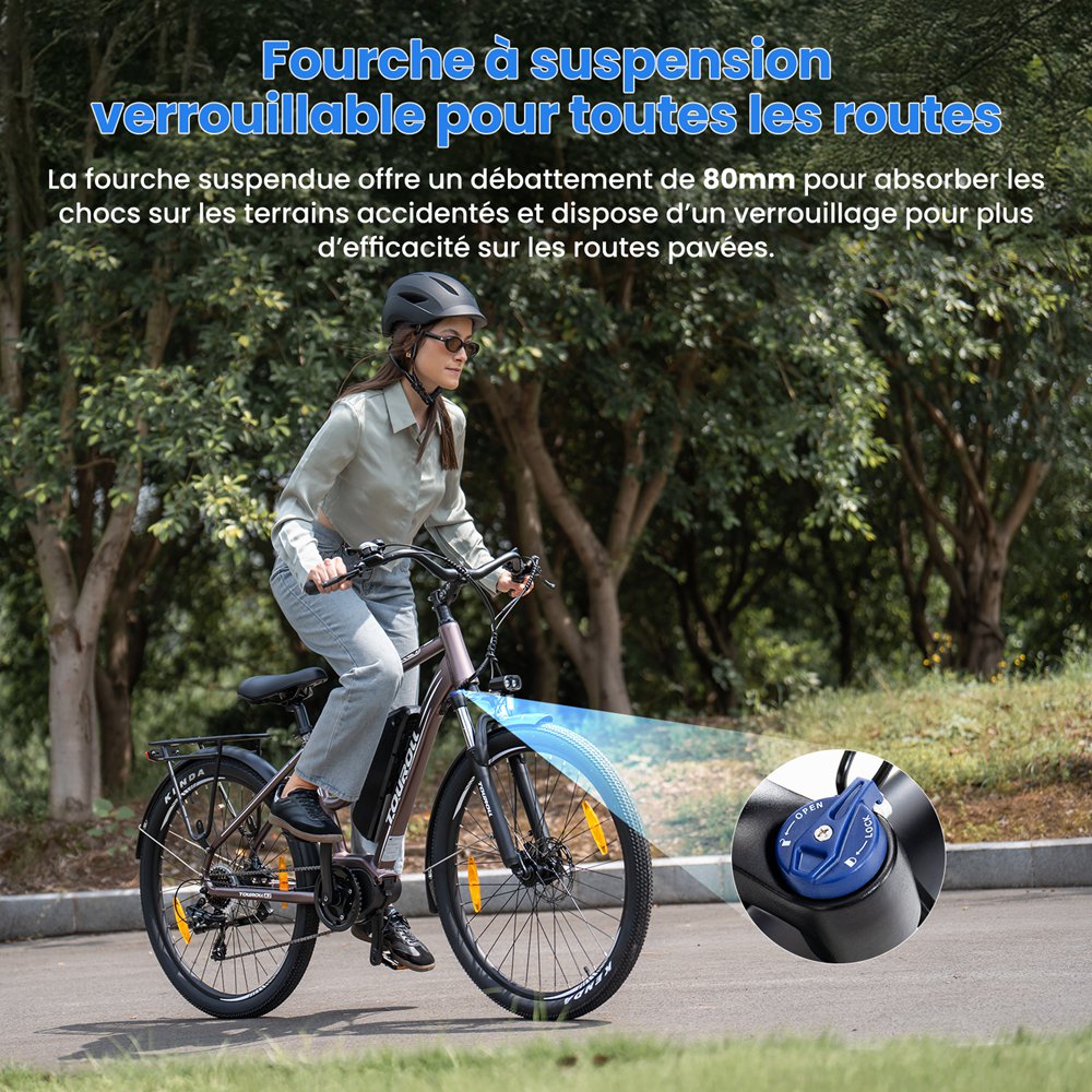 Touroll MA2 Vélo électrique, moteur central 250 W, batterie 36 V 13 Ah, pneus 27,5 pouces, vitesse maximale 25 km/h, autonomie maximale 100 km, frein à disque hydraulique, fourche à suspension avec blocage, transmission Shimano 7 vitesses - Marron