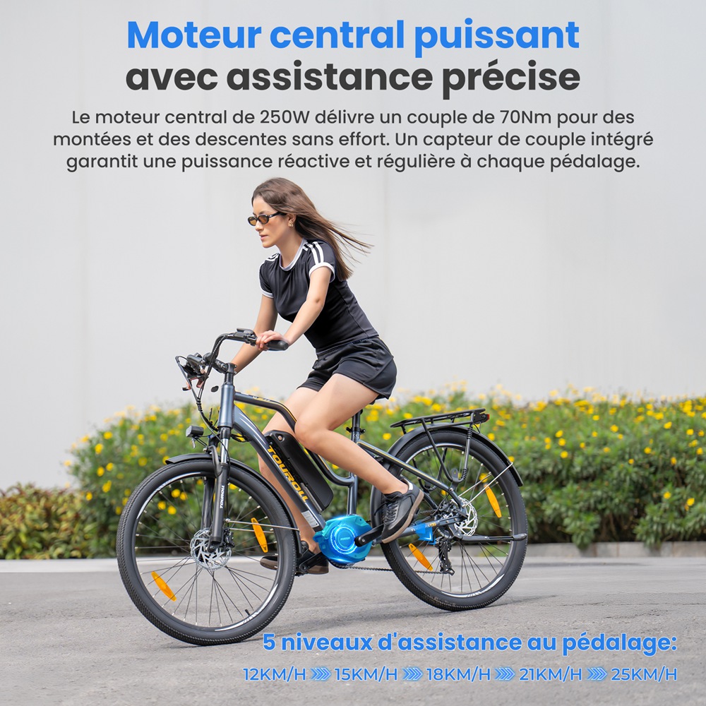 Touroll MA2 Vélo électrique, moteur central 250 W, batterie 36 V 13 Ah, pneus 27,5 pouces, vitesse maximale 25 km/h, autonomie maximale 100 km, frein à disque hydraulique, fourche à suspension avec blocage, transmission Shimano 7 vitesses - Marron