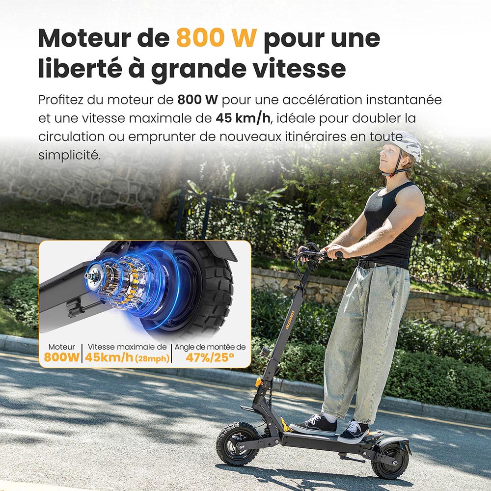 Ausom L1 Trottinette électrique, moteur 800 W, batterie 48 V 15,6 Ah, pneus 10 pouces, vitesse maximale 45 km/h, autonomie 70 km, freins à disque avant et arrière, suspension à double bras oscillant, verrouillage NFC et code d'accès