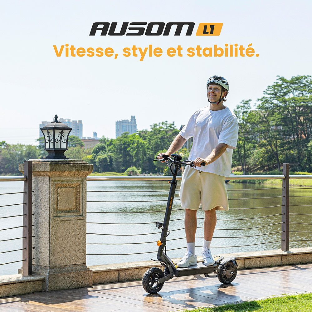 Ausom L1 Trottinette électrique, moteur 800 W, batterie 48 V 15,6 Ah, pneus 10 pouces, vitesse maximale 45 km/h, autonomie 70 km, freins à disque avant et arrière, suspension à double bras oscillant, verrouillage NFC et code d'accès