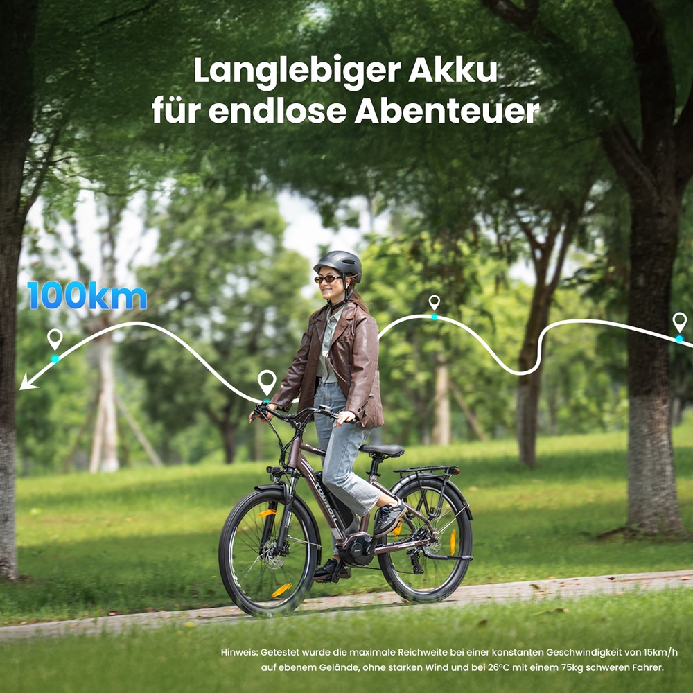 Touroll MA2 Elektrofahrrad, 250-W-Mittelmotor, 36-V-13-Ah-Akku, 27,5-Zoll-Reifen, 25 km/h Höchstgeschwindigkeit, 100 km maximale Reichweite, hydraulische Scheibenbremse, Federgabel mit Verriegelung, Shimano 7-Gang-Schaltung – Braun