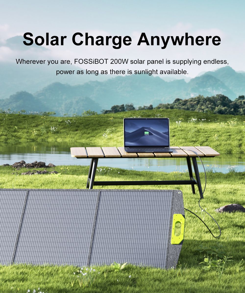 FOSSiBOT SP200 (Nouveau) 200W Panneau solaire pliable, Rendement cellulaire élevé 23,4%, Revêtement ETFE, Supports réglables pour maison, camping-car, camping, panne - Vert