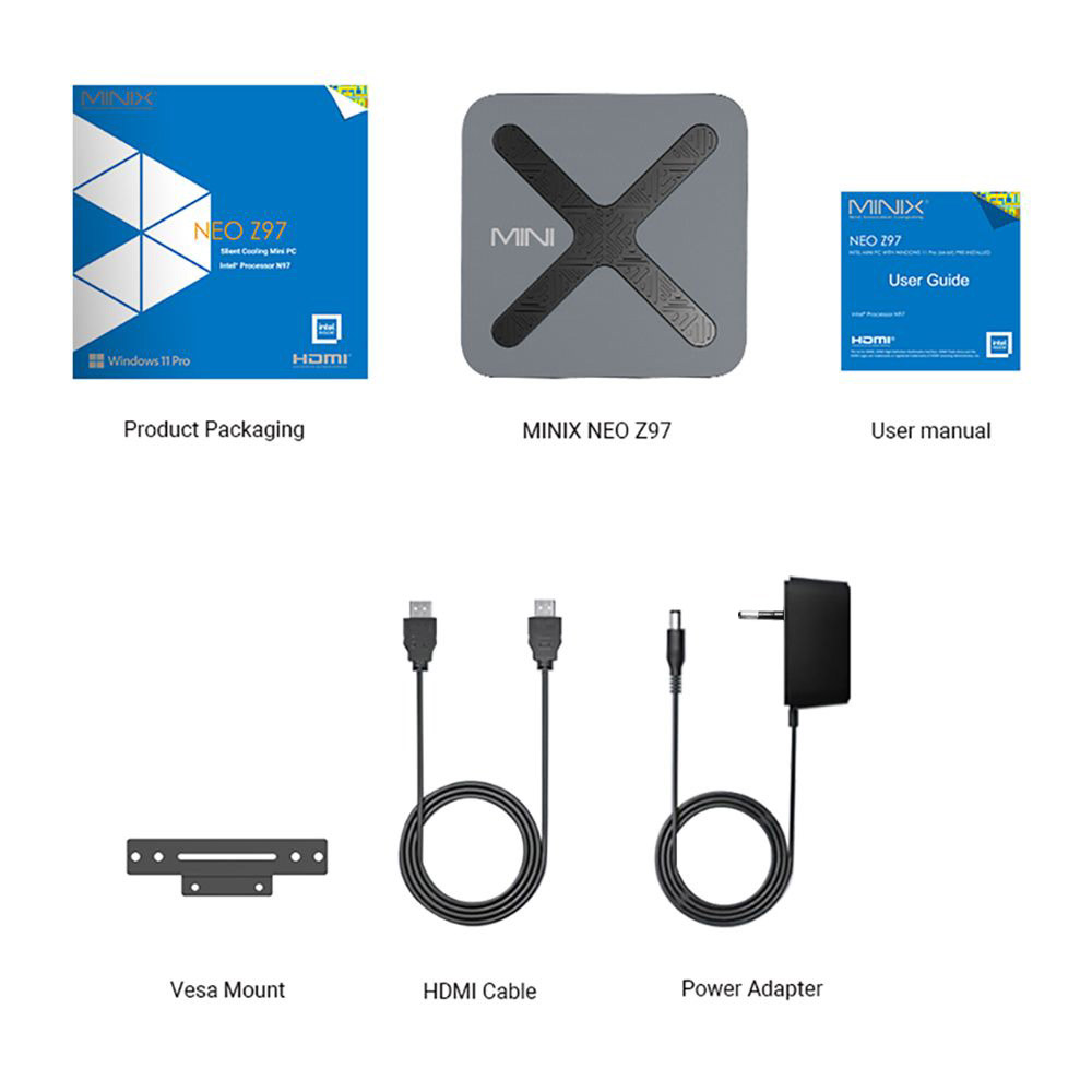 MINIX NEO Z97 Mini PC, Intel N97 4 Cores Max 3.6GHz, 12GB LPDDR5X RAM 512GB SSD, WiFi 6 Bluetooth 5.2, 2*HDMI+1*DP 4K Triple Display, 3*USB3.2, 2*RJ45, 1*Audio, Active Cooling