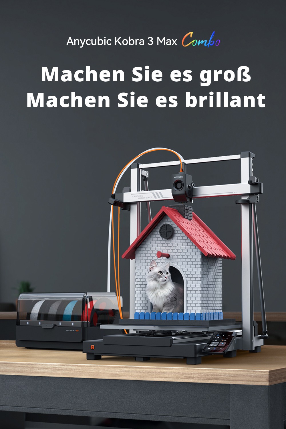 Anycubic Kobra 3 Max Combo 3D-Drucker, bis zu 8-Farben-Druck, ACE Pro Color Engine, 600 mm/s Hochgeschwindigkeitsdruck, automatische Nivellierung und Anti-Step-Lost, 420 x 420 x 500 mm