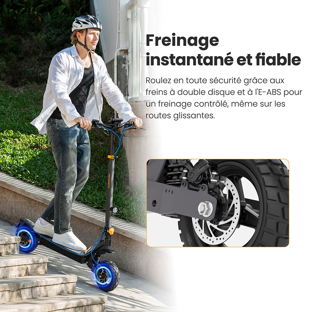 Ausom L1 Trottinette électrique, moteur 800 W, batterie 48 V 15,6 Ah, pneus 10 pouces, vitesse maximale 45 km/h, autonomie 70 km, freins à disque avant et arrière, suspension à double bras oscillant, verrouillage NFC et code d'accès