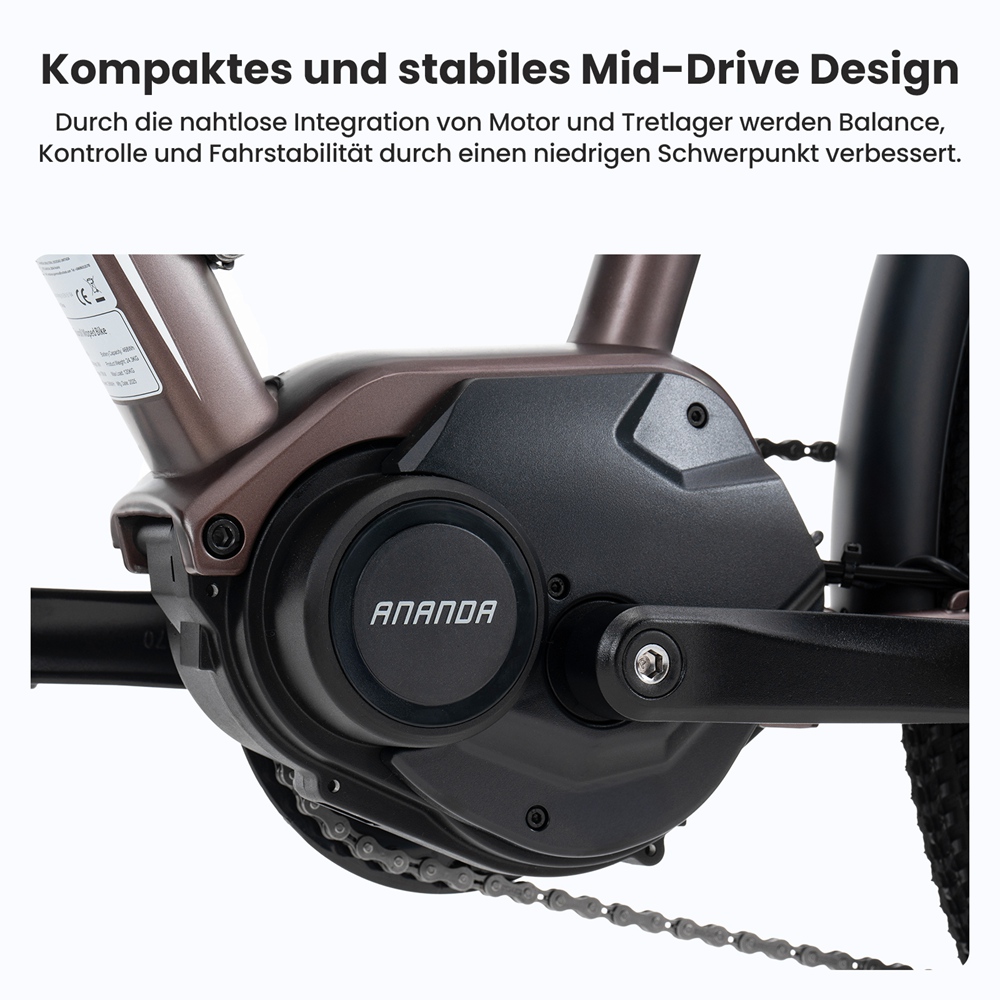 Touroll MA2 Elektrofahrrad, 250-W-Mittelmotor, 36-V-13-Ah-Akku, 27,5-Zoll-Reifen, 25 km/h Höchstgeschwindigkeit, 100 km maximale Reichweite, hydraulische Scheibenbremse, Federgabel mit Verriegelung, Shimano 7-Gang-Schaltung – Braun