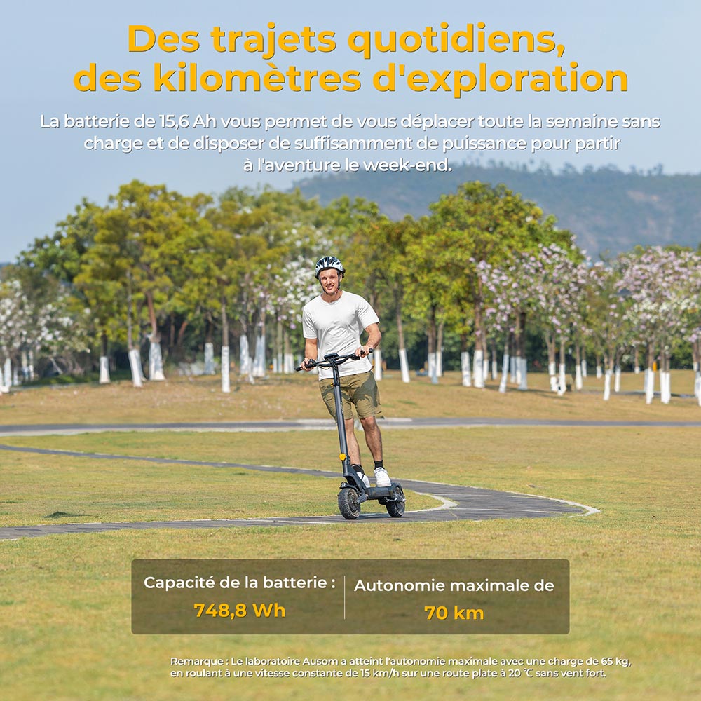 Ausom L2 Trottinette électrique, moteur 2 x 800 W, batterie 48 V 15,6 Ah, pneus 10 pouces, vitesse maximale 55 km/h, autonomie 70 km, freins à disque avant et arrière, suspension à bras oscillant, écran LCD