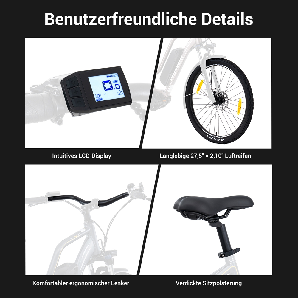 Touroll MA2 Elektrofahrrad, 250-W-Mittelmotor, 36-V-13-Ah-Akku, 27,5-Zoll-Reifen, 25 km/h Höchstgeschwindigkeit, 100 km maximale Reichweite, hydraulische Scheibenbremse, Federgabel mit Verriegelung, Shimano 7-Gang-Schaltung – Braun