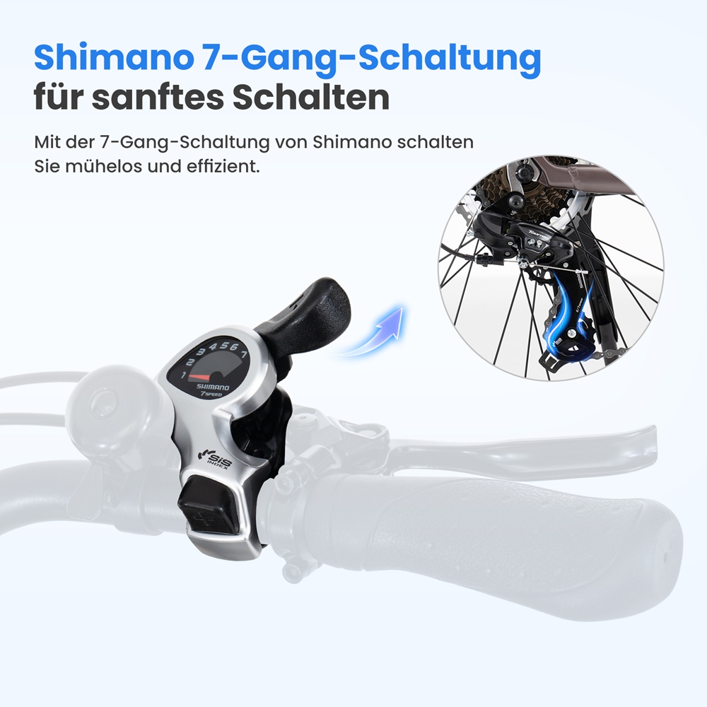 Touroll MA2 Elektrofahrrad, 250-W-Mittelmotor, 36-V-13-Ah-Akku, 27,5-Zoll-Reifen, 25 km/h Höchstgeschwindigkeit, 100 km maximale Reichweite, hydraulische Scheibenbremse, Federgabel mit Verriegelung, Shimano 7-Gang-Schaltung – Braun