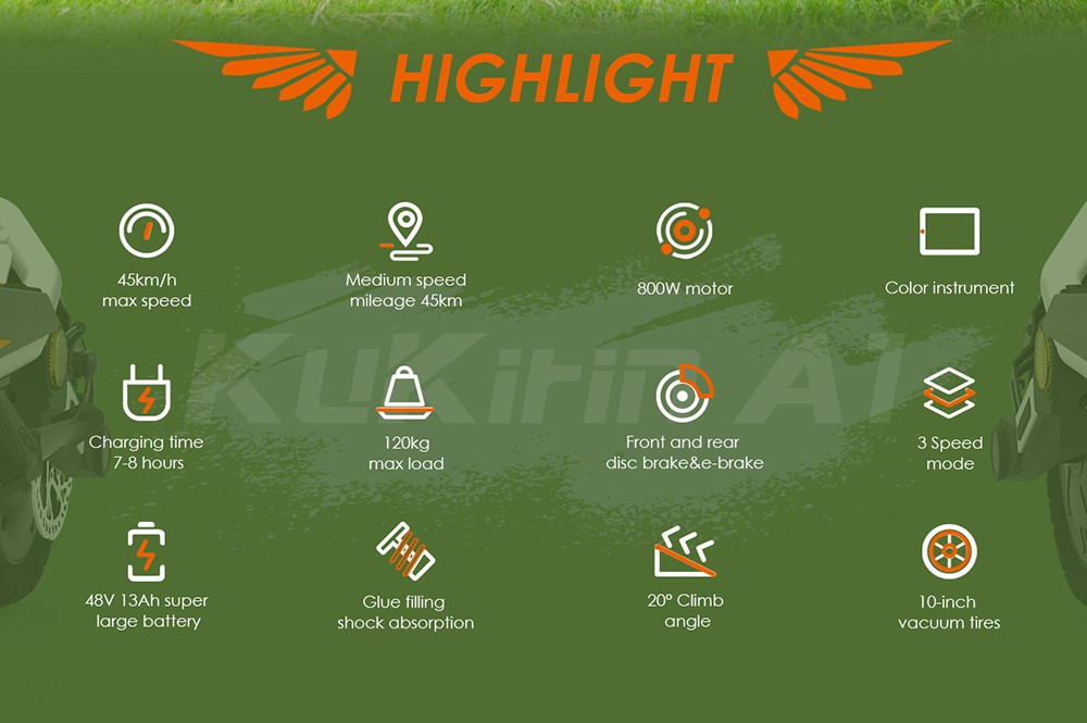 Kukirin A1 Folding Electric Scooter, 800W Motor, 48V 13Ah Battery, 10 inch Vacuum Tire, 45km/h Max Speed, 45km Range, Front & Rear Disc Brake, Front & Rear Shock Absorption