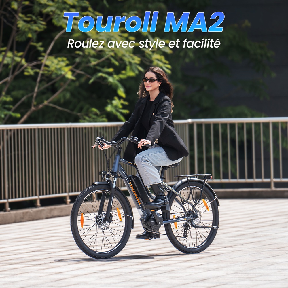 Touroll MA2 Vélo électrique, moteur central 250 W, batterie 36 V 13 Ah, pneus 27,5 pouces, vitesse maximale 25 km/h, autonomie maximale 100 km, frein à disque hydraulique, fourche à suspension avec blocage, transmission Shimano 7 vitesses - Marron