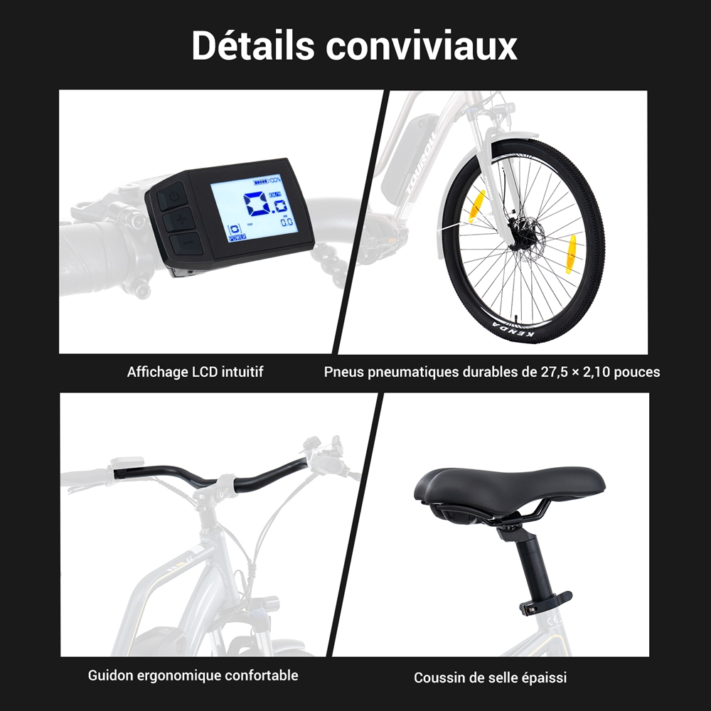 Touroll MA2 Vélo électrique, moteur central 250 W, batterie 36 V 13 Ah, pneus 27,5 pouces, vitesse maximale 25 km/h, autonomie maximale 100 km, frein à disque hydraulique, fourche à suspension avec blocage, transmission Shimano 7 vitesses - Marron