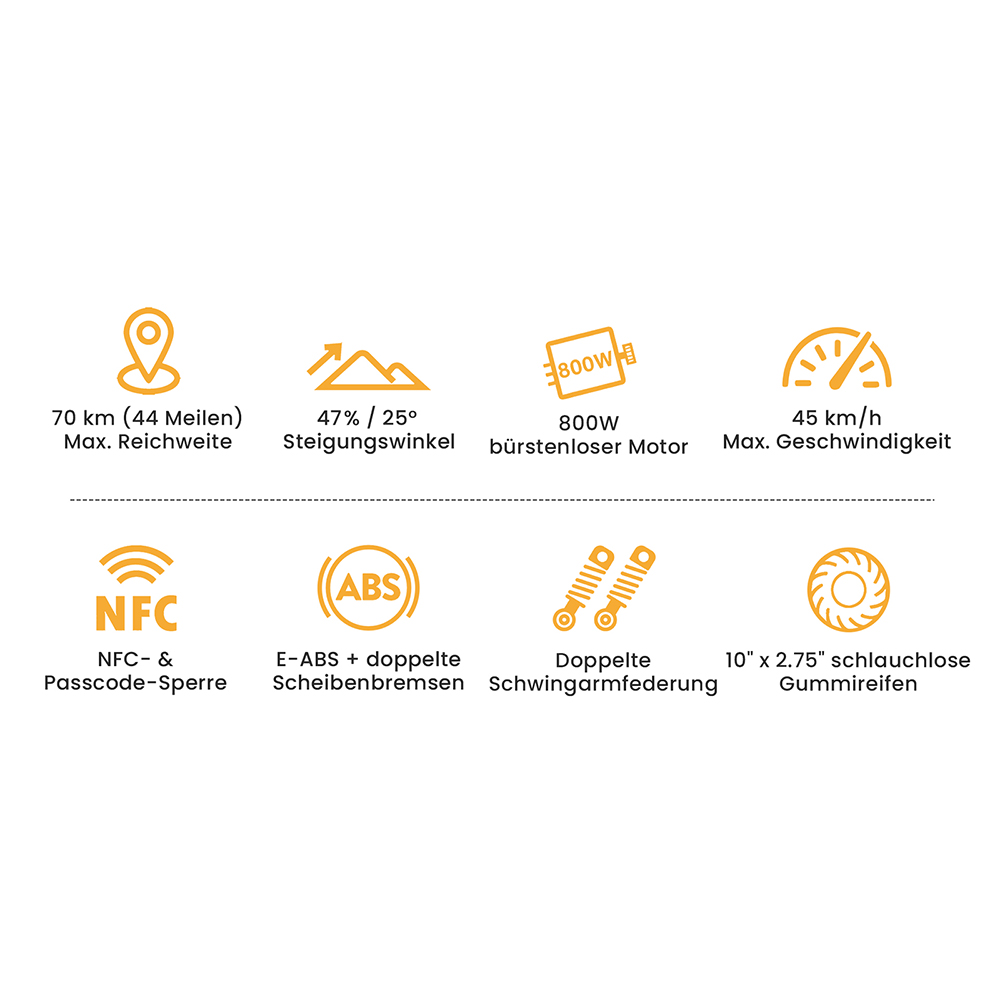 Ausom L1 Elektroroller, 800-W-Motor, 48-V-15,6-Ah-Akku, 10-Zoll-Reifen, 45 km/h Höchstgeschwindigkeit, 70 km Reichweite, Scheibenbremsen vorne und hinten, Doppelschwingenaufhängung, NFC- und Passcode-Sperre