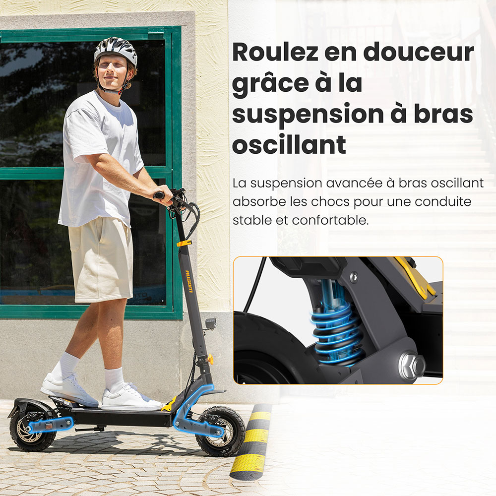 Ausom L1 Trottinette électrique, moteur 800 W, batterie 48 V 15,6 Ah, pneus 10 pouces, vitesse maximale 45 km/h, autonomie 70 km, freins à disque avant et arrière, suspension à double bras oscillant, verrouillage NFC et code d'accès