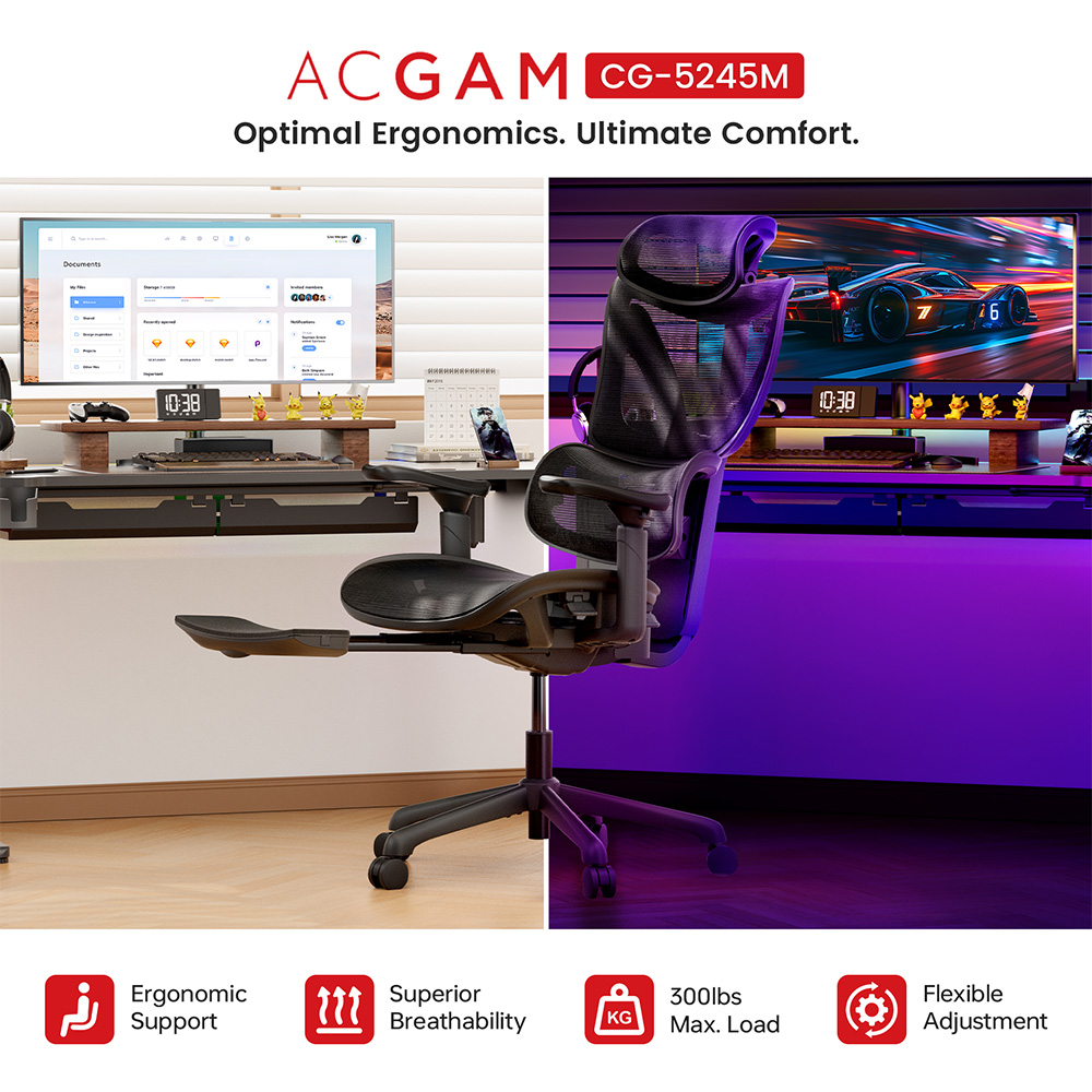 ACGAM CG-5245M Ergonomic Gaming Office Chair, 3D Adjustable Armrest, with Footrest