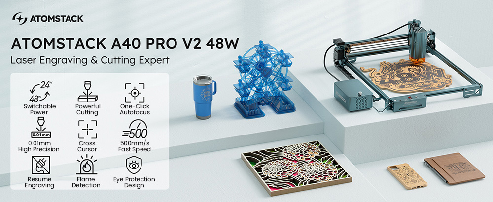 ATOMSTACK A40 Pro V2 48W Graveur laser, avec assistance pneumatique automatique, vitesse de 500mm/s, précision de 0,01mm, point laser de 0,08 x 0,1mm, bois de paulownia 25mm/MDF 9mm en un seul passage, 395*385 mm