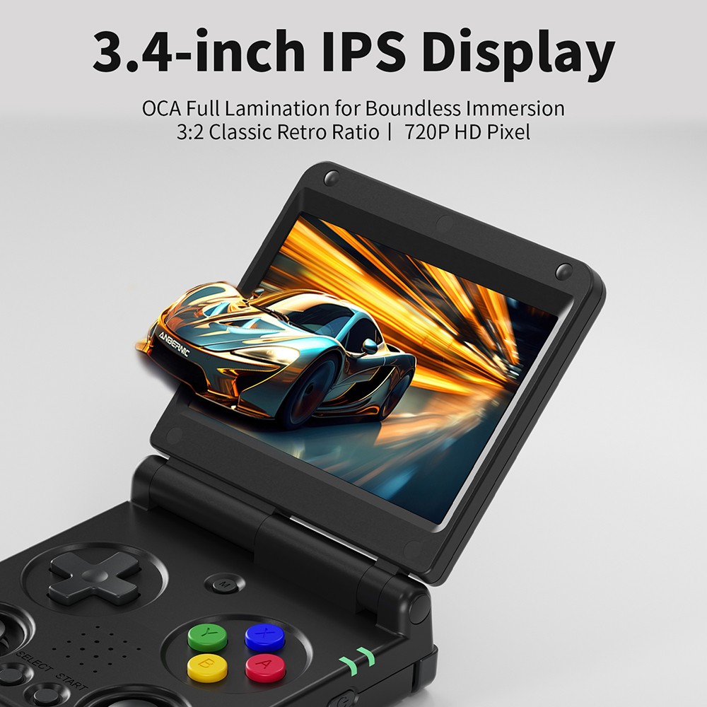 ANBERNIC RG34XXSP Flip Game Console, 64GB + 128GB TF Card with 11000+ Games, 3.4 inch 720*480 IPS Screen, 30+ Emulators, 6 Hours Playtime, 5G WiFi, Multimedia Apps - Black