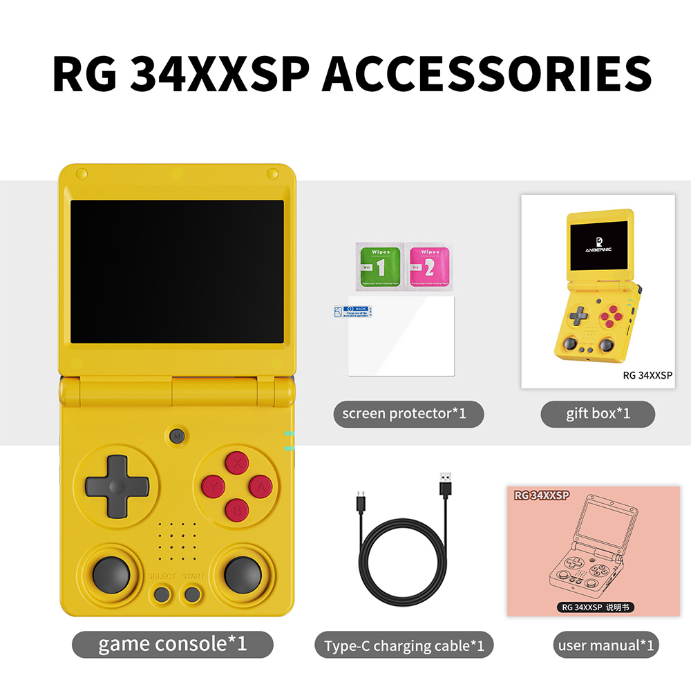 ANBERNIC RG34XXSP Flip Game Console, 64GB + 128GB TF Card with 11000+ Games, 3.4 inch 720*480 IPS Screen, 30+ Emulators, 6 Hours Playtime, 5G WiFi, Multimedia Apps - Yellow