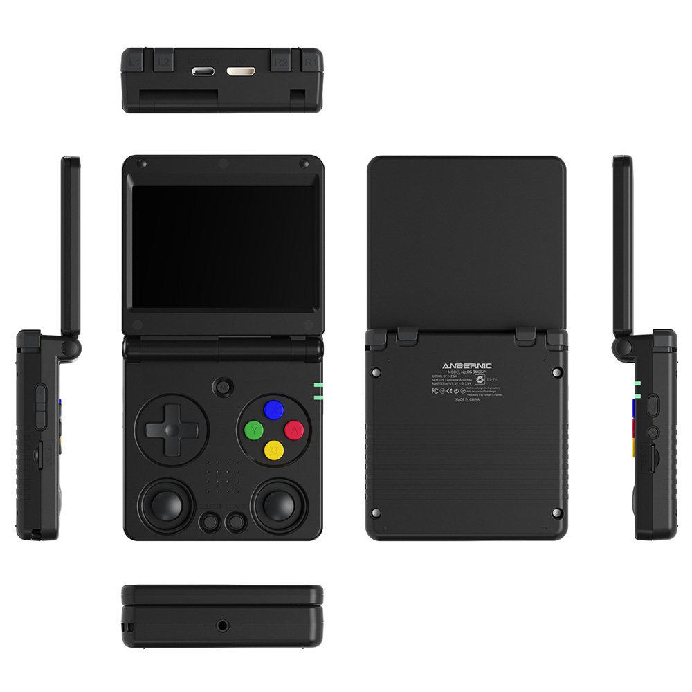 ANBERNIC RG34XXSP Flip Game Console, 64GB + 256GB TF Card with 14000+ Games, 3.4 inch 720*480 IPS Screen, 30+ Emulators, 6 Hours Playtime, 5G WiFi, Multimedia Apps - Black