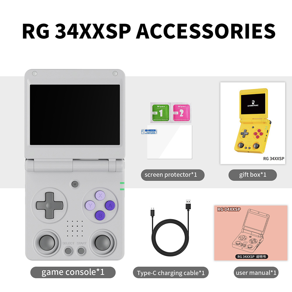 ANBERNIC RG34XXSP Flip Game Console, 64GB + 256GB TF Card with 14000+ Games, 3.4 inch 720*480 IPS Screen, 30+ Emulators, 6 Hours Playtime, 5G WiFi, Multimedia Apps - Grey