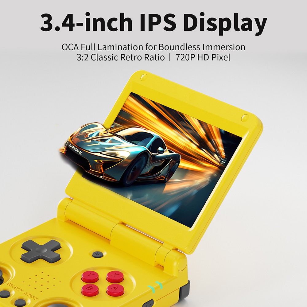 ANBERNIC RG34XXSP Flip Game Console, 64GB + 256GB TF Card with 14000+ Games, 3.4 inch 720*480 IPS Screen, 30+ Emulators, 6 Hours Playtime, 5G WiFi, Multimedia Apps - Yellow