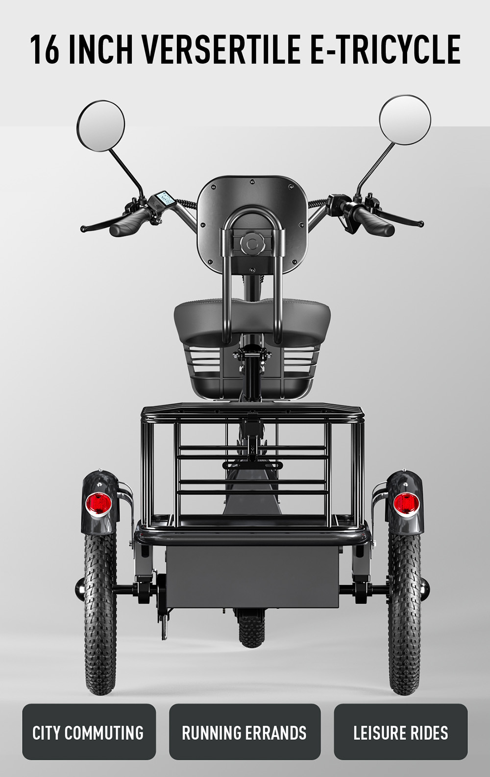 Cysum T1 Pro Elektro-Dreirad, 250-W-Motor, 48-V-22-Ah-Akku, 16 x 2,3-Zoll-Reifen, 25 km/h Höchstgeschwindigkeit, 150 km maximale Reichweite, Scheibenbremsen, LCD-Display