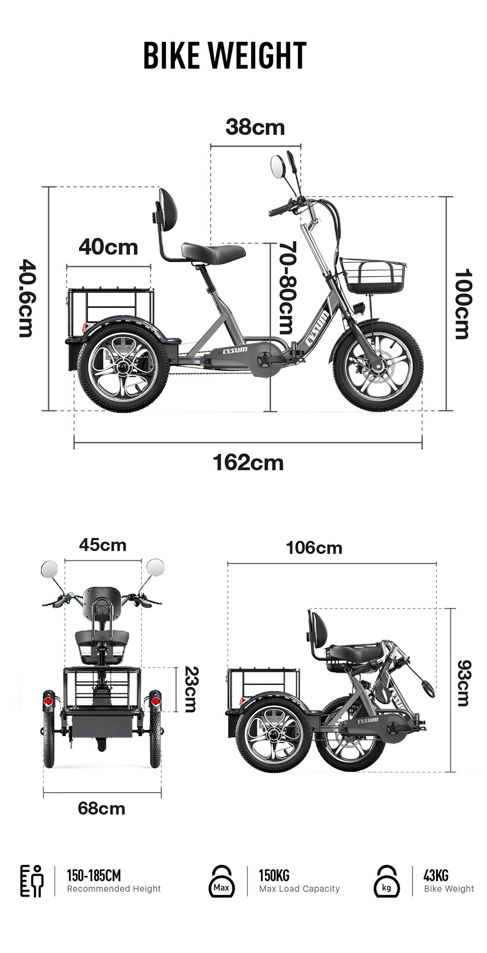 Cysum T1 Pro Elektro-Dreirad, 250-W-Motor, 48-V-22-Ah-Akku, 16 x 2,3-Zoll-Reifen, 25 km/h Höchstgeschwindigkeit, 150 km maximale Reichweite, Scheibenbremsen, LCD-Display