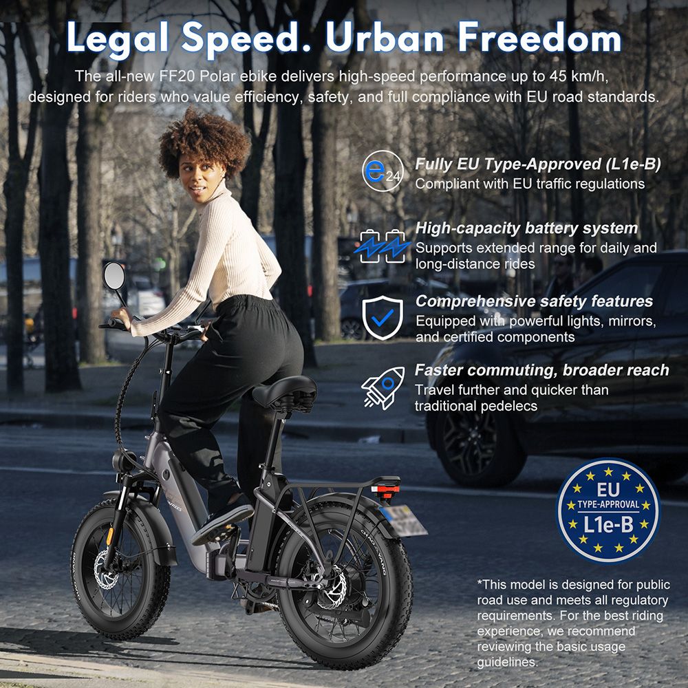 Fafrees FF20 Polar Vélo électrique, moteur 500 W, double batterie 48 V 24 Ah, pneus 20 x 4 pouces, vitesse maximale 45 km/h, autonomie maximale 150 km, freins à disque mécaniques, fourche avant à ressort, Shimano 7 vitesses - Noir métallisé