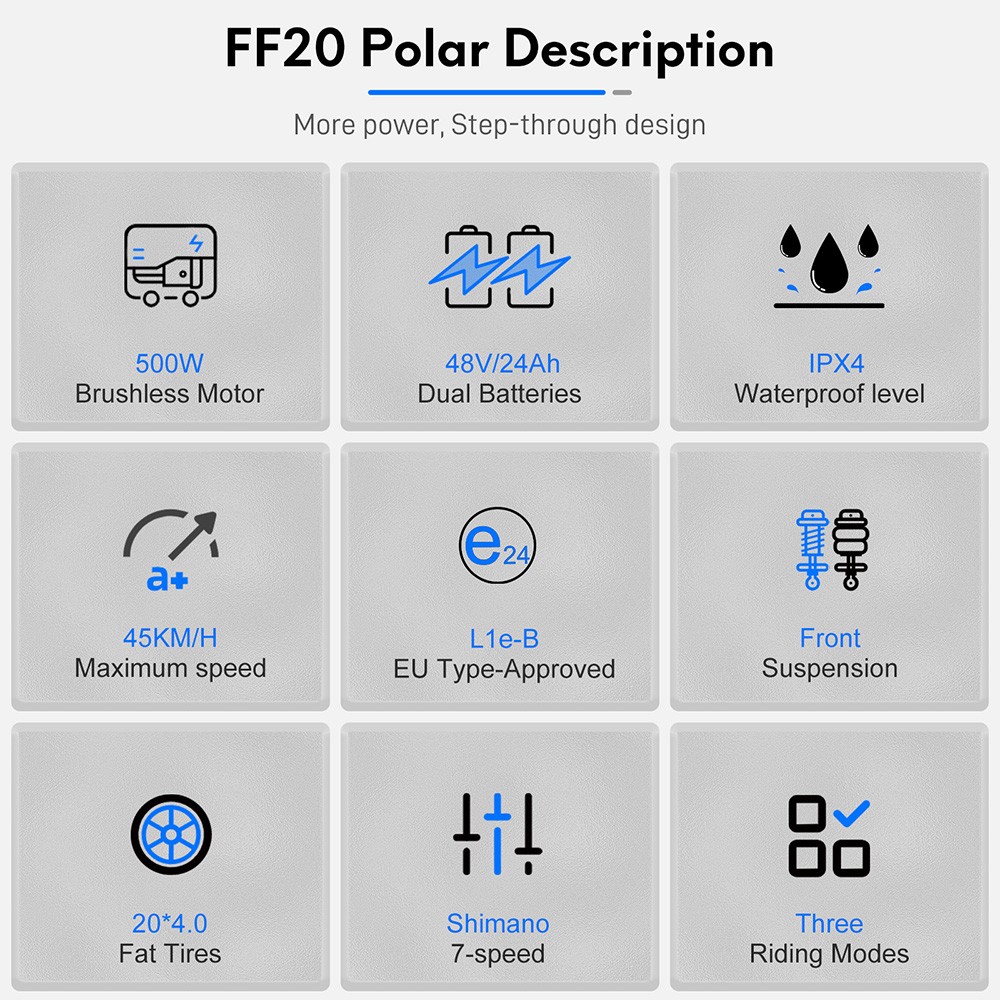 Fafrees FF20 Polar Vélo électrique, moteur 500 W, double batterie 48 V 24 Ah, pneus 20 x 4 pouces, vitesse maximale 45 km/h, autonomie maximale 150 km, freins à disque mécaniques, fourche avant à ressort, Shimano 7 vitesses - Noir métallisé