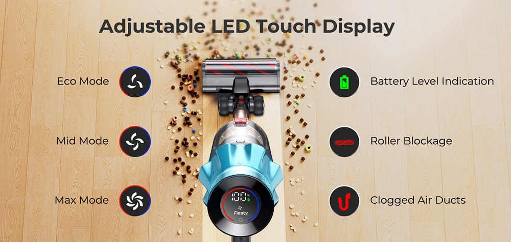 Fieety V7 Aspirateur sans fil, aspiration puissante de 45 kPa, autonomie de 60 min, filtration 7 couches, écran tactile LED, pour tapis et sols durs