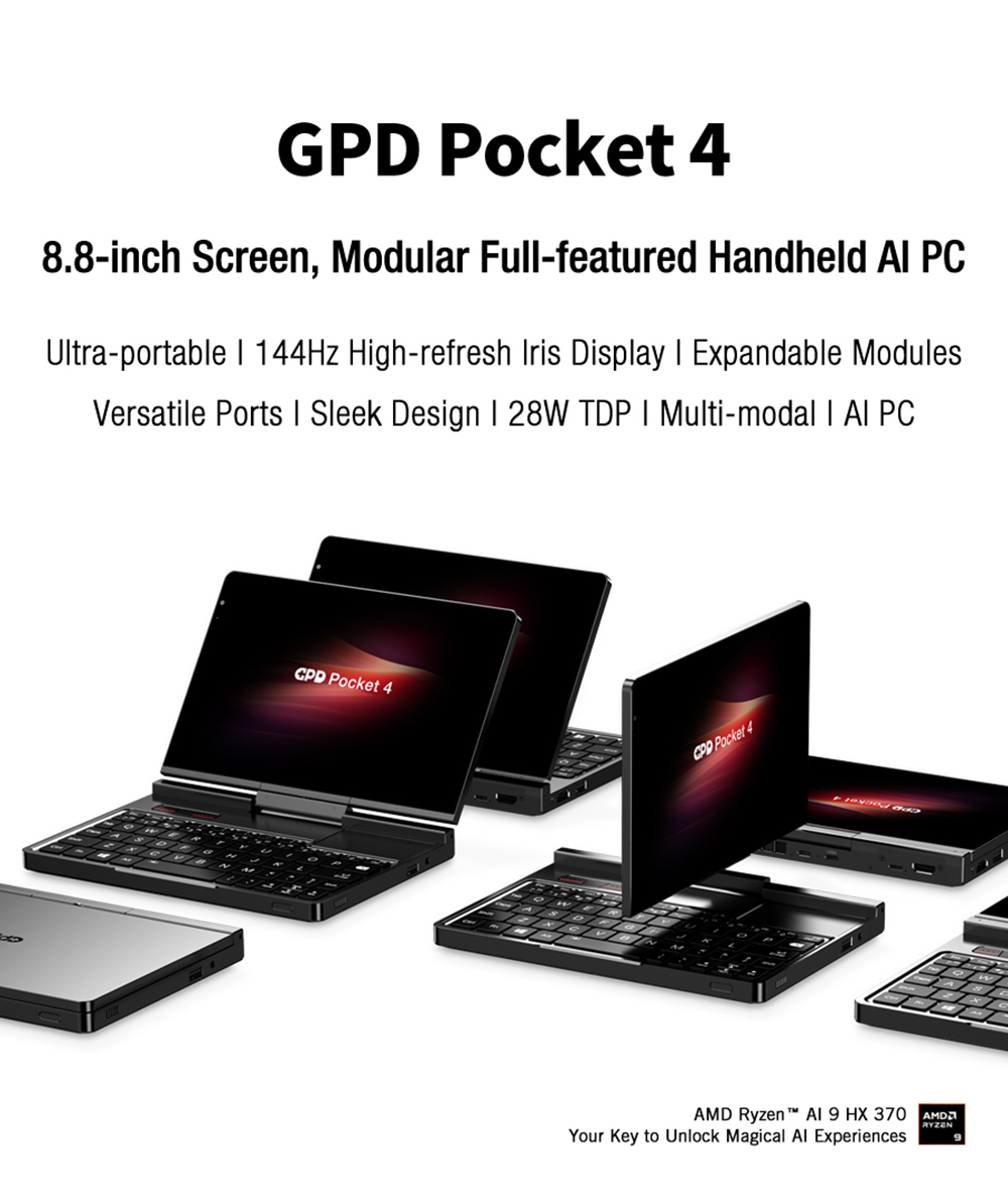 GPD Pocket 4 Handheld Laptop, 8.8'' 2560*1600 Touchscreen, 144Hz Refresh Rate, AMD Ryzen AI 9 HX 370 12 Cores Max 5.1GHz, 64GB RAM 2TB SSD, WiFi6E Bluetooth5.3, 1*USB4, 1*HDMI, 1*Full-Featured USB-C, 1*USB3.2, 1*USB2.0, 1*microSD, 1*RJ45 - EU Plug
