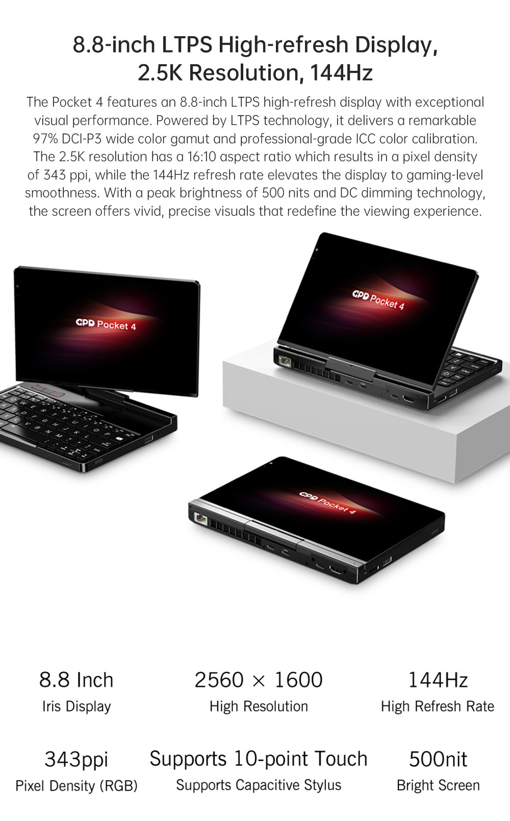 GPD Pocket 4 Handheld Laptop, 8.8'' 2560*1600 Touchscreen, 144Hz Refresh Rate, AMD Ryzen AI 9 HX 370 12 Cores Max 5.1GHz, 64GB RAM 2TB SSD, WiFi6E Bluetooth5.3, 1*USB4, 1*HDMI, 1*Full-Featured USB-C, 1*USB3.2, 1*USB2.0, 1*microSD, 1*RJ45 - EU Plug
